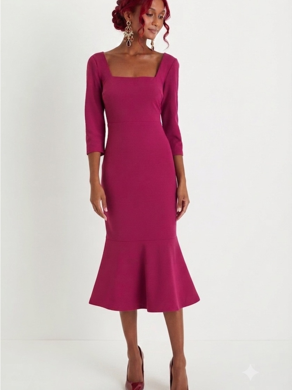 NWT Lulu’s Magenta Backless Dress 3/4 Quarter Sleeve Midi Dress